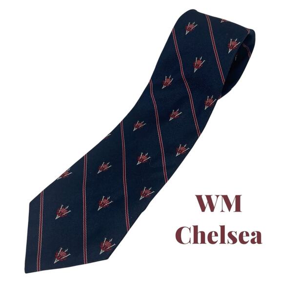 WM Chelsea Navy Red Gray Coat Of Arms Pure Silk Career Office Necktie NWOT - Picture 1 of 6